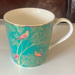 Sara Miller Portmeirion Teal Coffee Mug Tea Cup w/ Gold Tree & Pink Orange Birds